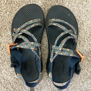 Chaco, kids size 2, orange, green, and grey